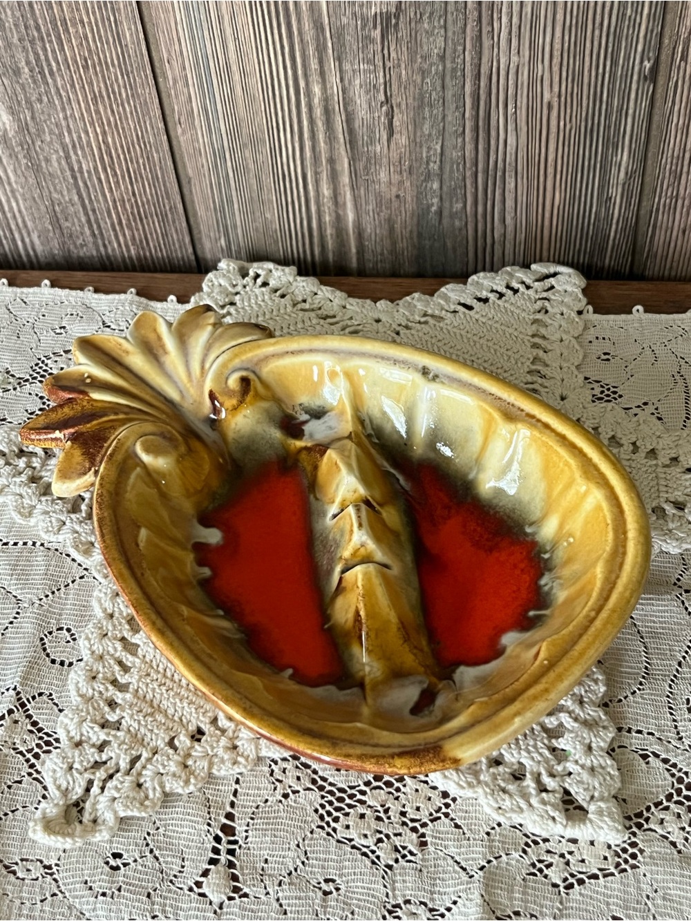 Yellow and Red Vintage Ceramic Pineapple Ashtray - Home Art Accent